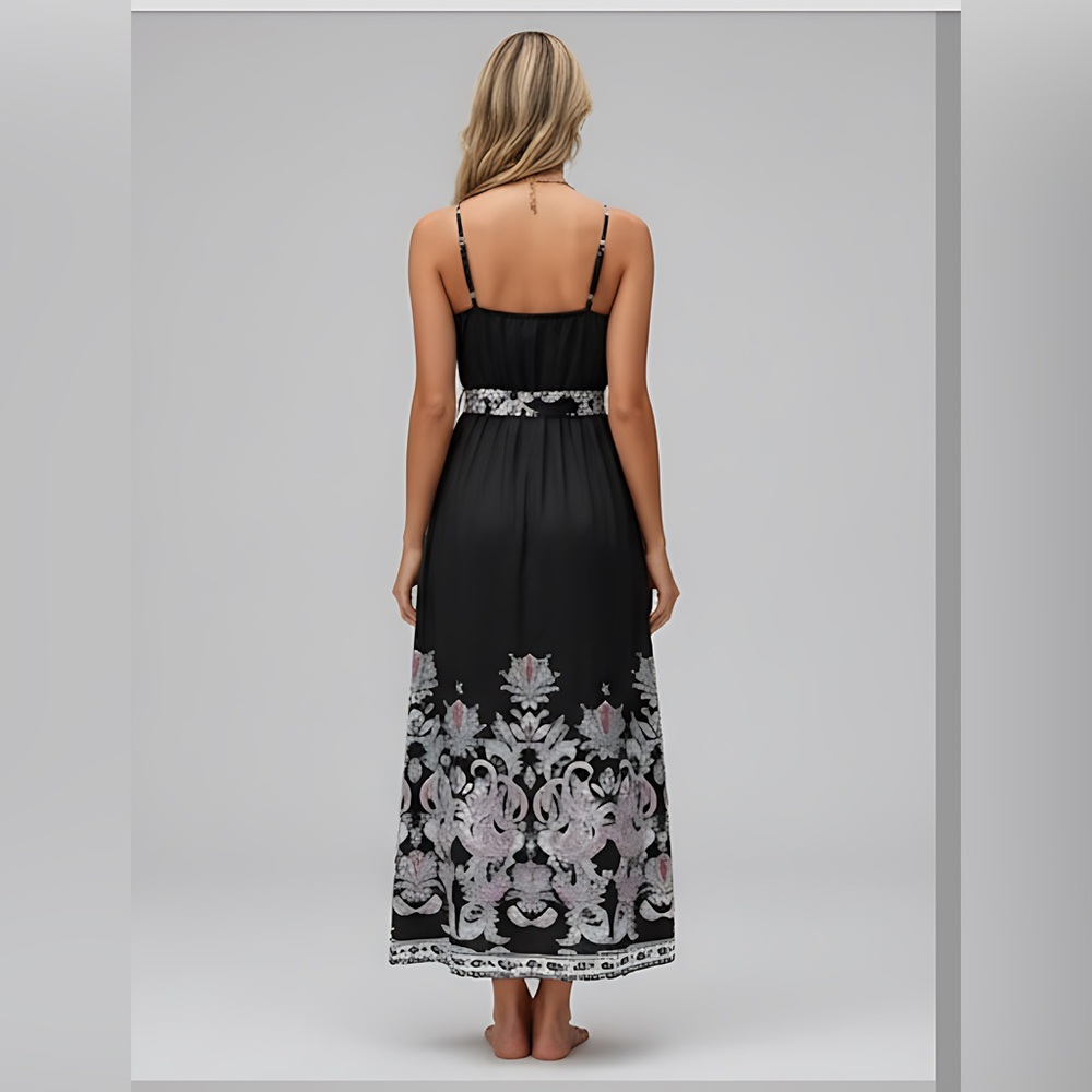 Black/White Paisley Print Belted Cami Dress - Picture 4 of 6